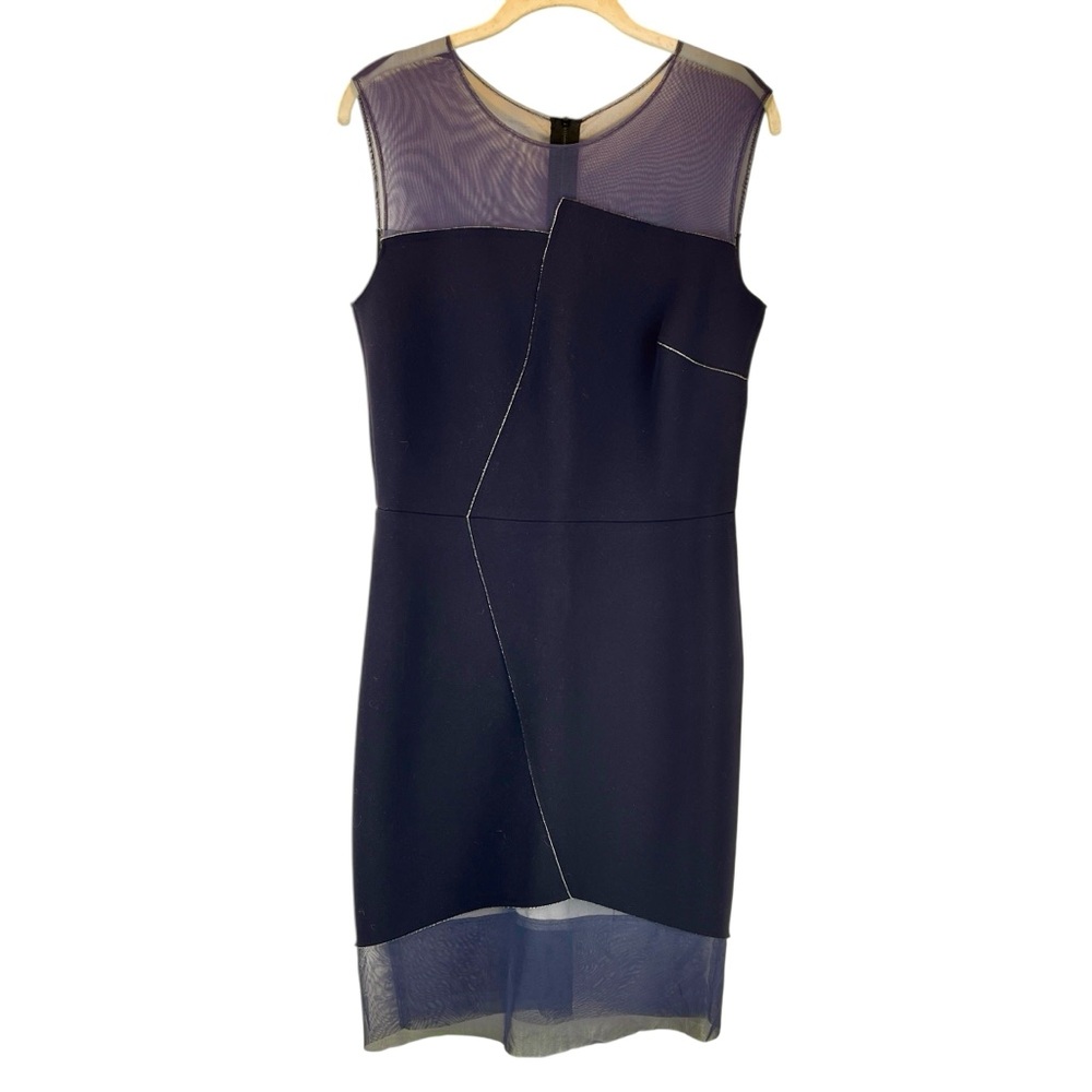 Sandro Paris Rhode Dress Asymmetrical Mesh Illusion Neckline Hemline Navy Sz 6/8 - Picture 3 of 13